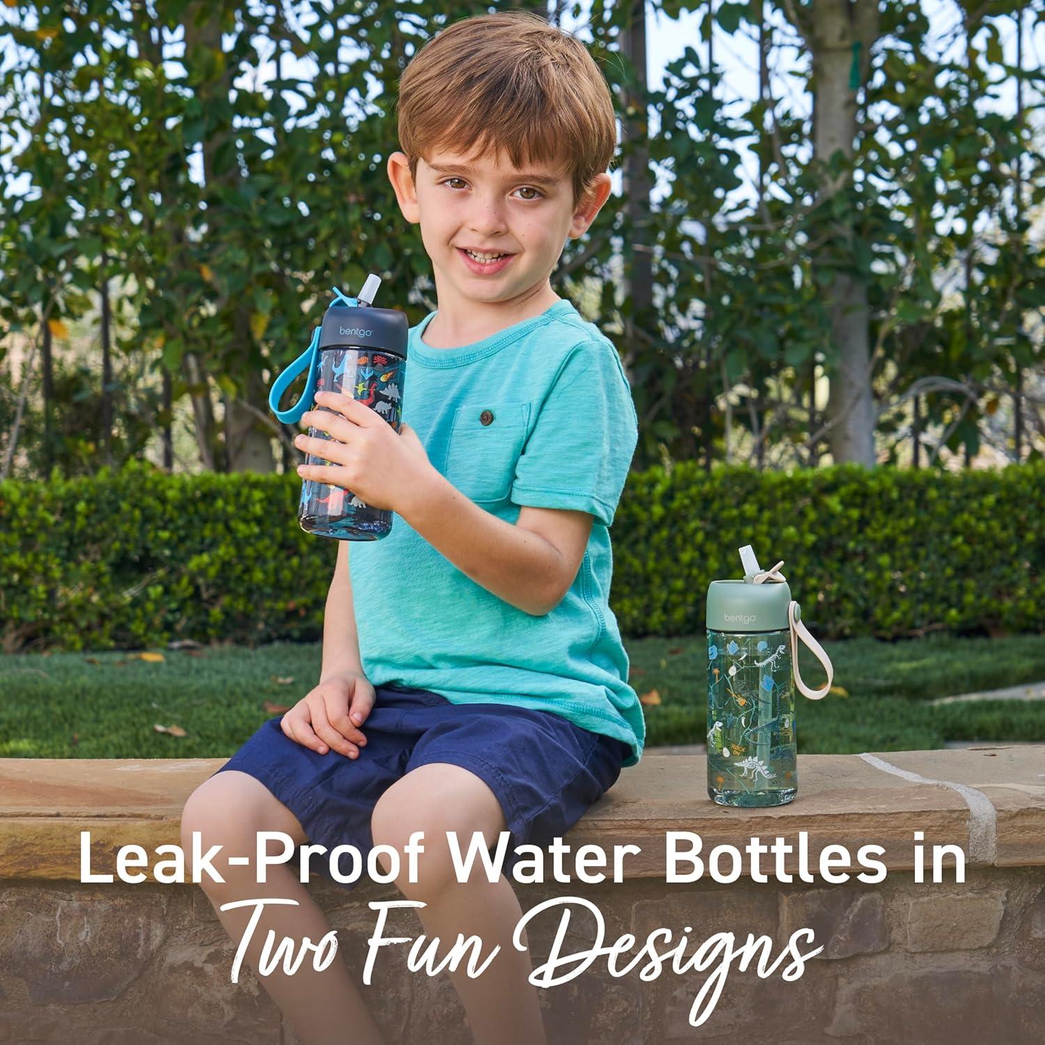 imageBentgo Kids Water Bottle 2Pack  LeakProof Durable Tritan BPAFree 15 oz Cup for KidsToddlers 3 FlipUp Straw Dishwasher Safe for SchoolSportsDaycareCamp Rainbows ampamp ButterfliesFairiesDinosaur  Dino Fossils