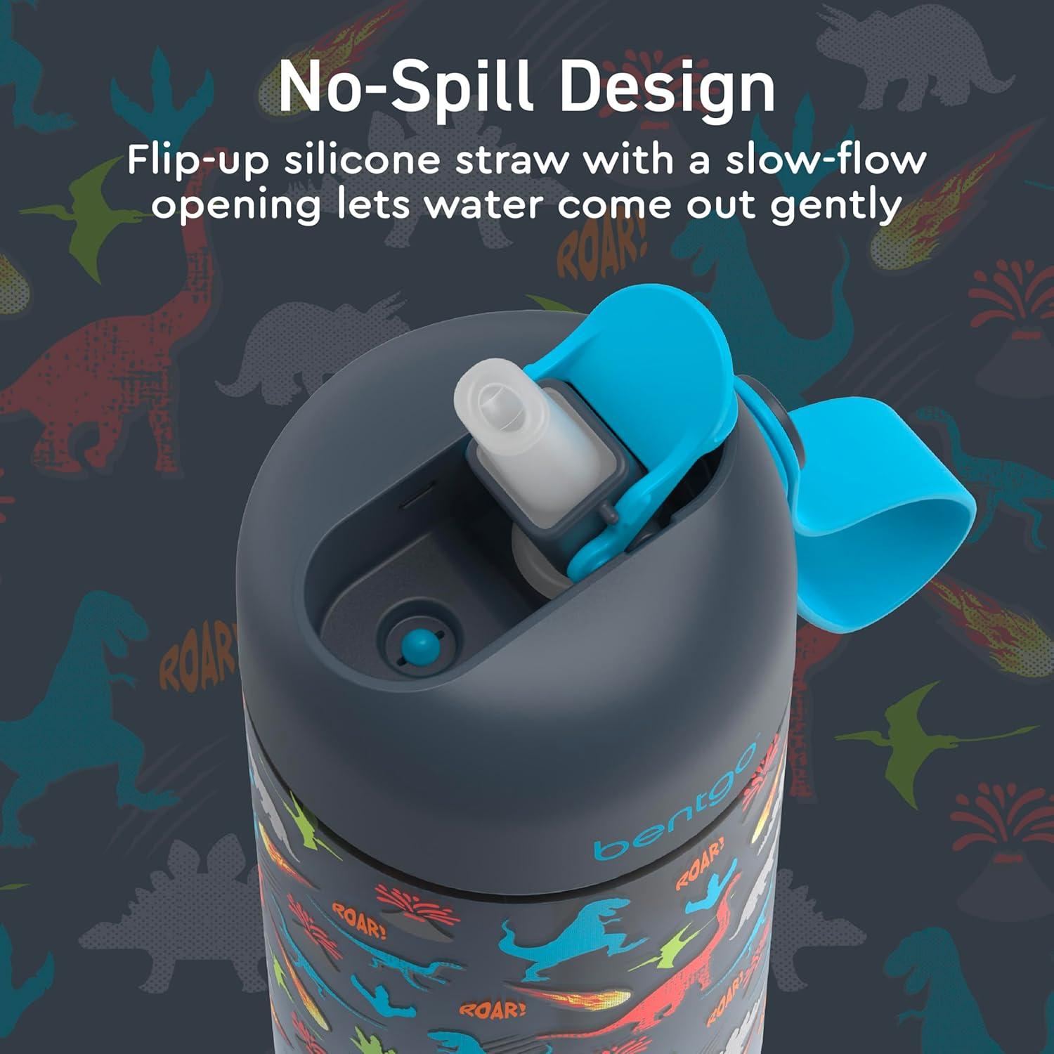 imageBentgo Kids Water Bottle 2Pack  LeakProof Durable Tritan BPAFree 15 oz Cup for KidsToddlers 3 FlipUp Straw Dishwasher Safe for SchoolSportsDaycareCamp Rainbows ampamp ButterfliesFairiesDinosaur  Dino Fossils