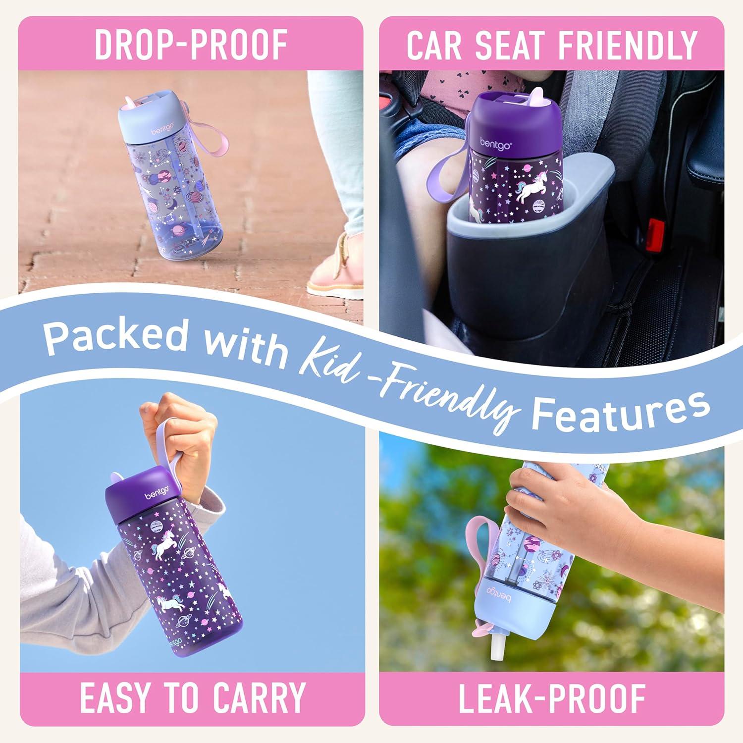 imageBentgo Kids Water Bottle 2Pack  LeakProof Durable Tritan BPAFree 15 oz Cup for KidsToddlers 3 FlipUp Straw Dishwasher Safe for SchoolSportsDaycareCamp Rainbows ampamp ButterfliesFairiesUnicorn  Lavender Galaxy