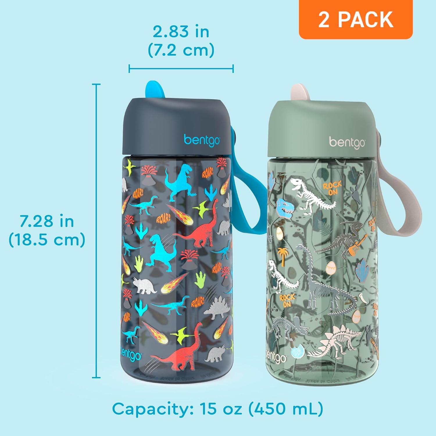 imageBentgo Kids Water Bottle 2Pack  LeakProof Durable Tritan BPAFree 15 oz Cup for KidsToddlers 3 FlipUp Straw Dishwasher Safe for SchoolSportsDaycareCamp Rainbows ampamp ButterfliesFairiesDinosaur  Dino Fossils