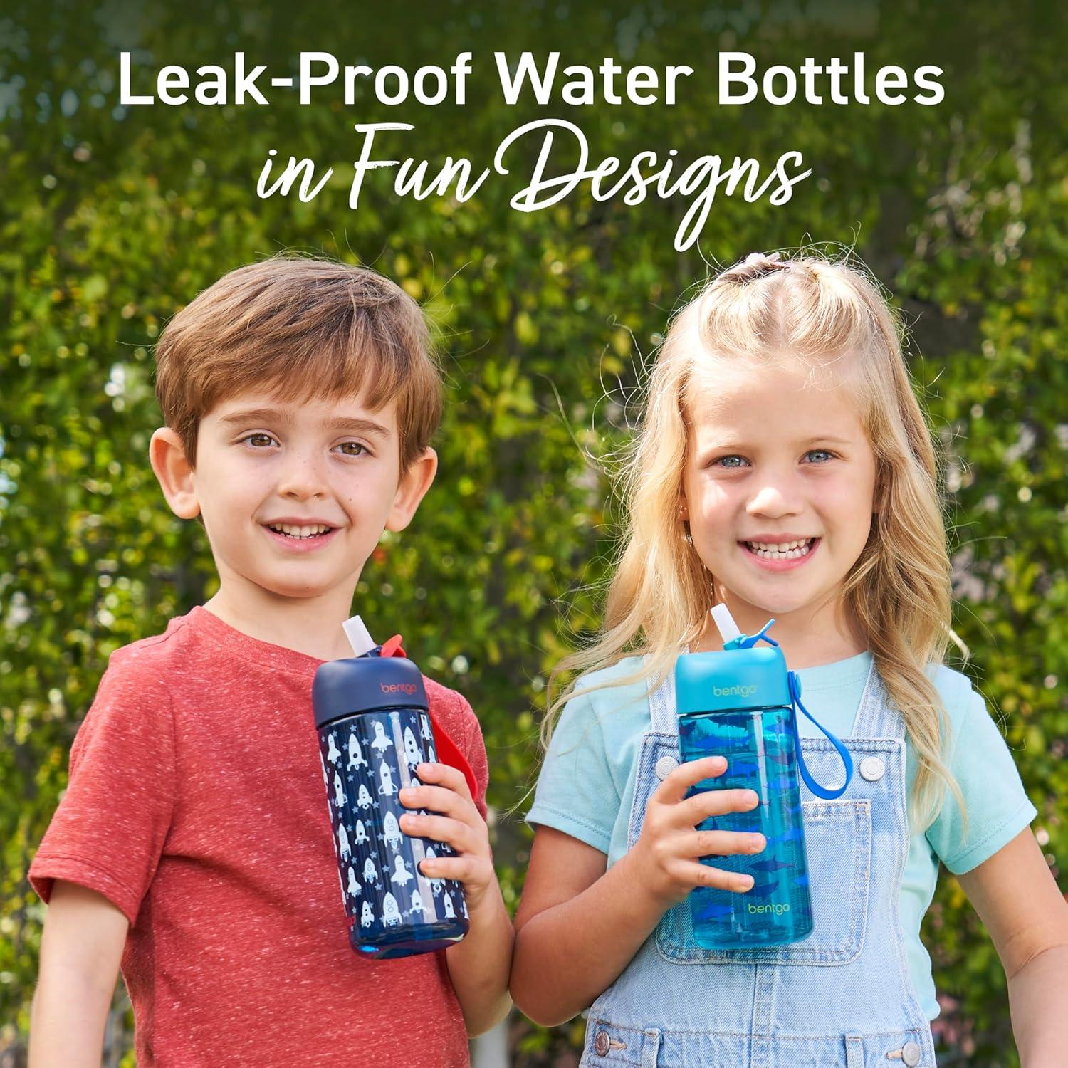 imageBentgo Kids Water Bottle 2Pack  LeakProof Durable Tritan BPAFree 15 oz Cup for KidsToddlers 3 FlipUp Straw Dishwasher Safe for SchoolSportsDaycareCamp Rainbows ampamp ButterfliesFairiesRocket  Shark