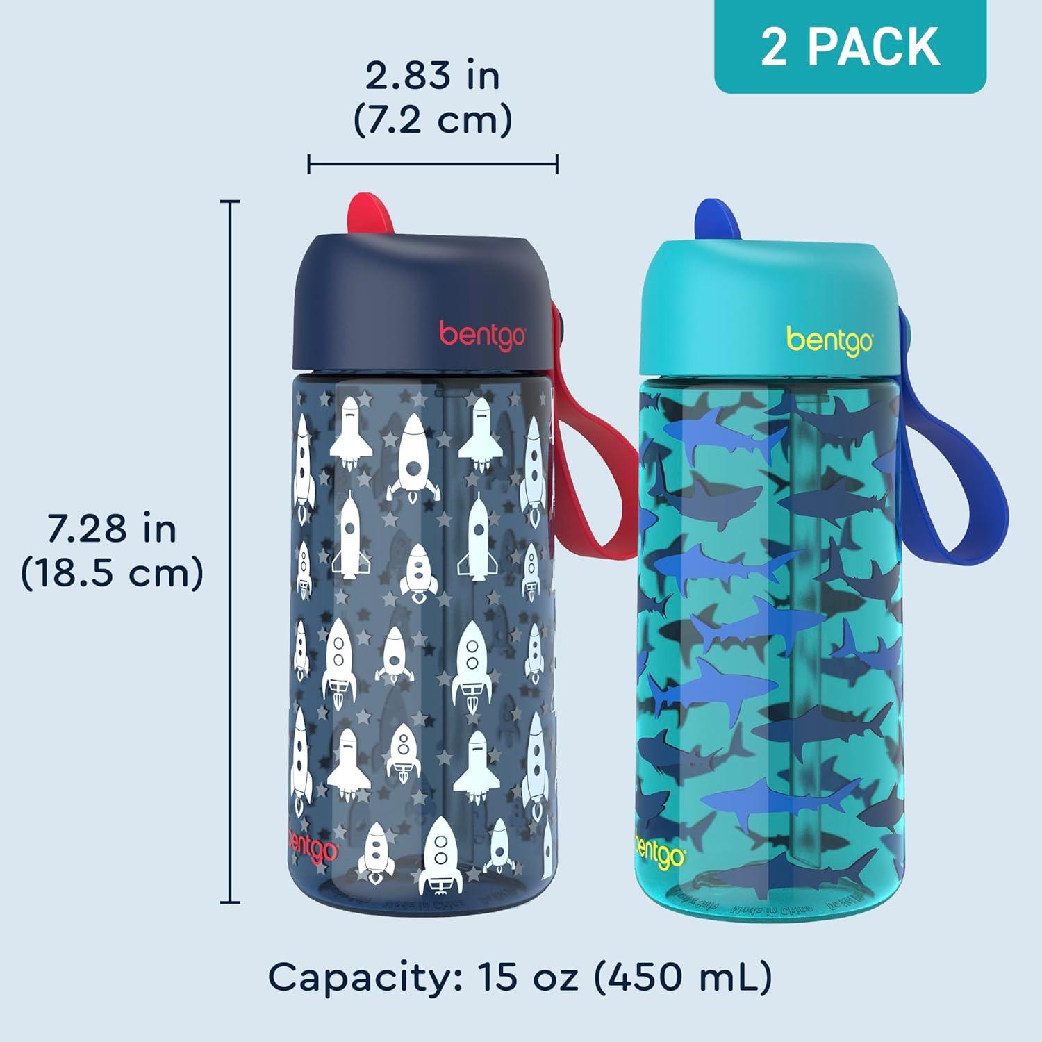 imageBentgo Kids Water Bottle 2Pack  LeakProof Durable Tritan BPAFree 15 oz Cup for KidsToddlers 3 FlipUp Straw Dishwasher Safe for SchoolSportsDaycareCamp Rainbows ampamp ButterfliesFairiesRocket  Shark