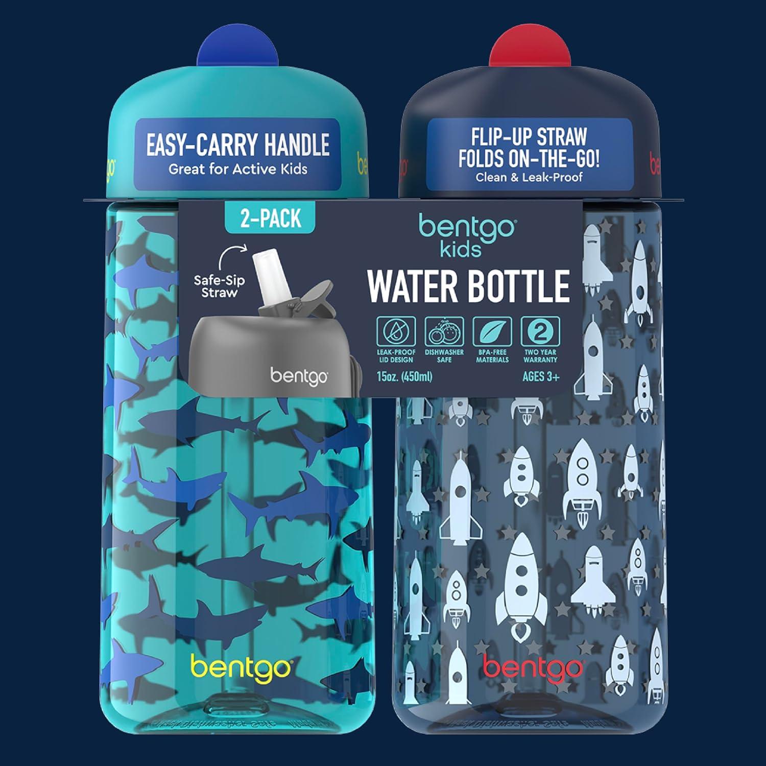 imageBentgo Kids Water Bottle 2Pack  LeakProof Durable Tritan BPAFree 15 oz Cup for KidsToddlers 3 FlipUp Straw Dishwasher Safe for SchoolSportsDaycareCamp Rainbows ampamp ButterfliesFairiesRocket  Shark