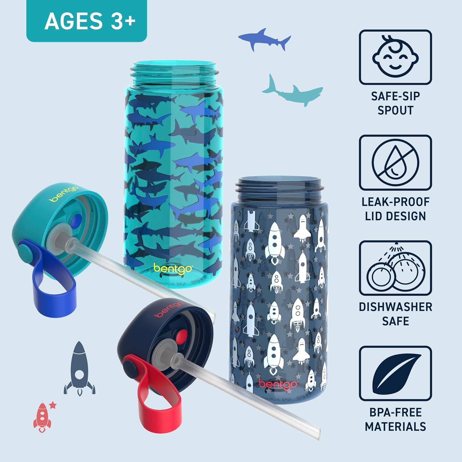 imageBentgo Kids Water Bottle 2Pack  LeakProof Durable Tritan BPAFree 15 oz Cup for KidsToddlers 3 FlipUp Straw Dishwasher Safe for SchoolSportsDaycareCamp Rainbows ampamp ButterfliesFairiesRocket  Shark