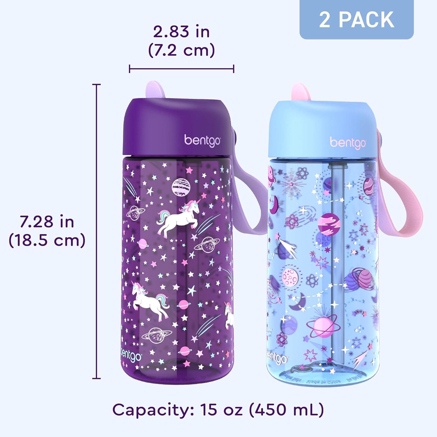 imageBentgo Kids Water Bottle 2Pack  LeakProof Durable Tritan BPAFree 15 oz Cup for KidsToddlers 3 FlipUp Straw Dishwasher Safe for SchoolSportsDaycareCamp Rainbows ampamp ButterfliesFairiesUnicorn  Lavender Galaxy