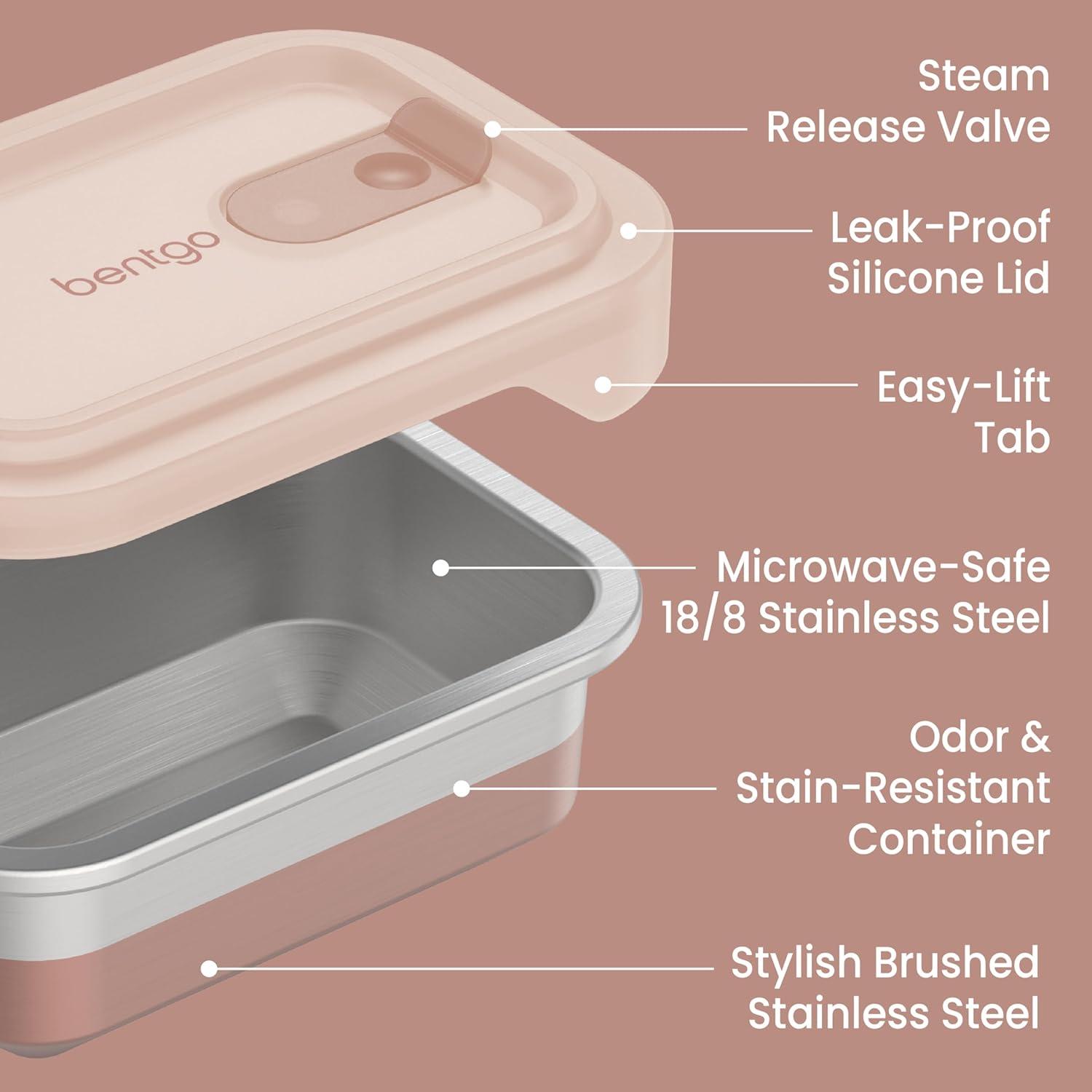 imageBentgo MicroSteel Heat ampamp Eat Container  MicrowaveSafe LeakProof EasytoClean Lightweight Stainless Steel Reusable Food Storage with Airtight Silicone Lid Snack Size 2Cup Capacity RoseSnack Size 2 Cups Rose