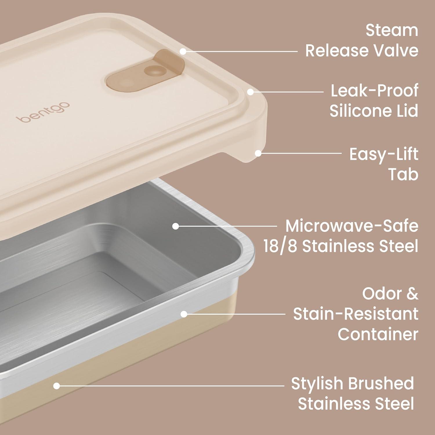 imageBentgo MicroSteel Heat ampamp Eat Container  MicrowaveSafe LeakProof EasytoClean Lightweight Stainless Steel Reusable Food Storage with Airtight Silicone Lid Snack Size 2Cup Capacity RoseDinner Size 55 Cups Gold