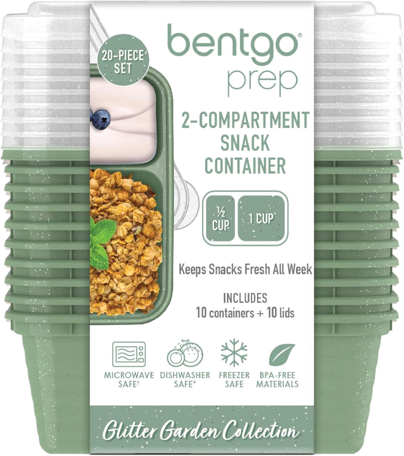 imageBentgo Prep  2Compartment Snack Containers with Lids  Reusable Microwaveable Durable PFAS ampamp BPAFree Freezer and DishwasherSafe Meal Prep Food Storage  10 Trays ampamp 10 Lids ClayBasil Glitter
