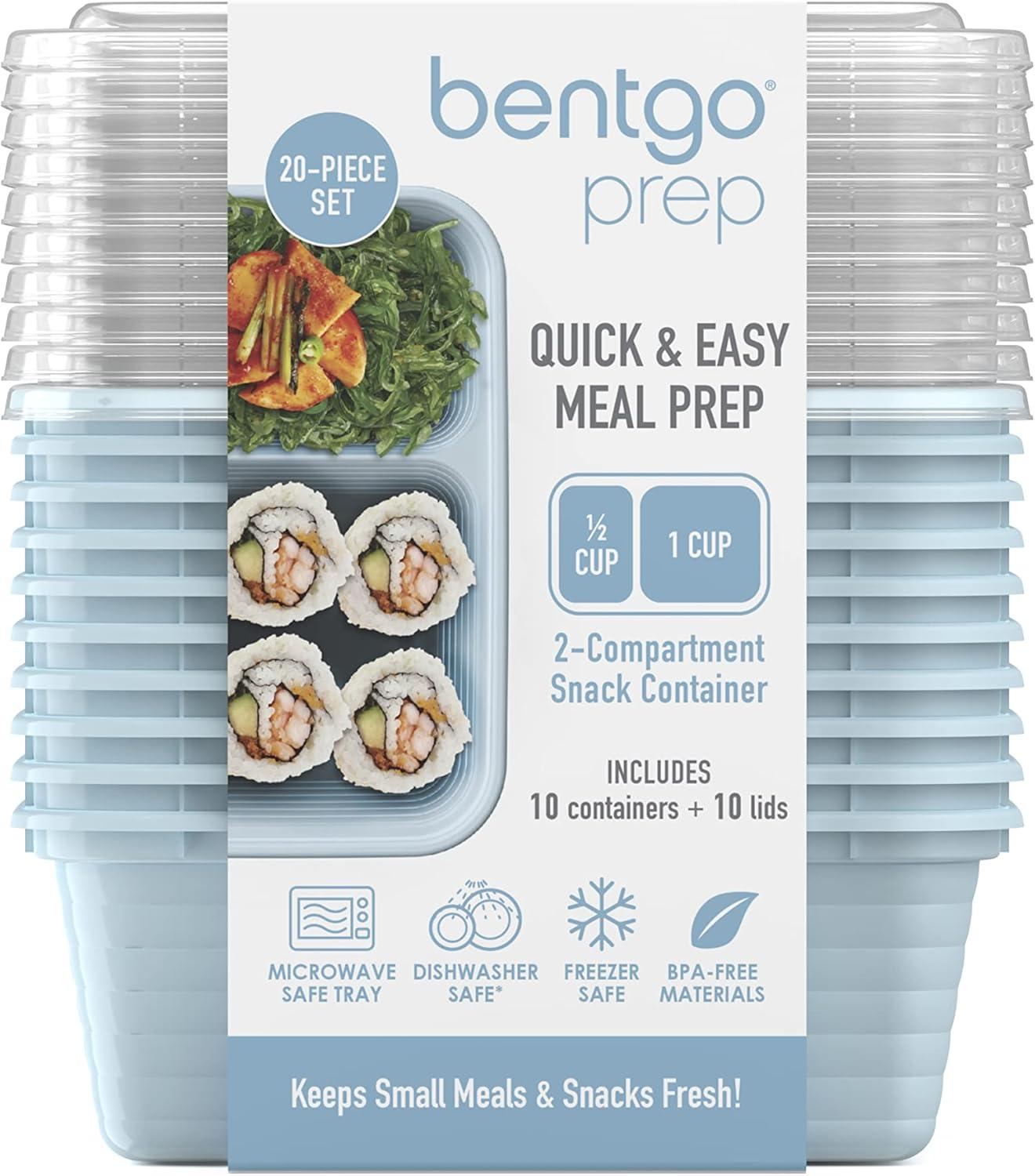 imageBentgo Prep  2Compartment Snack Containers with Lids  Reusable Microwaveable Durable PFAS ampamp BPAFree Freezer and DishwasherSafe Meal Prep Food Storage  10 Trays ampamp 10 Lids ClaySky
