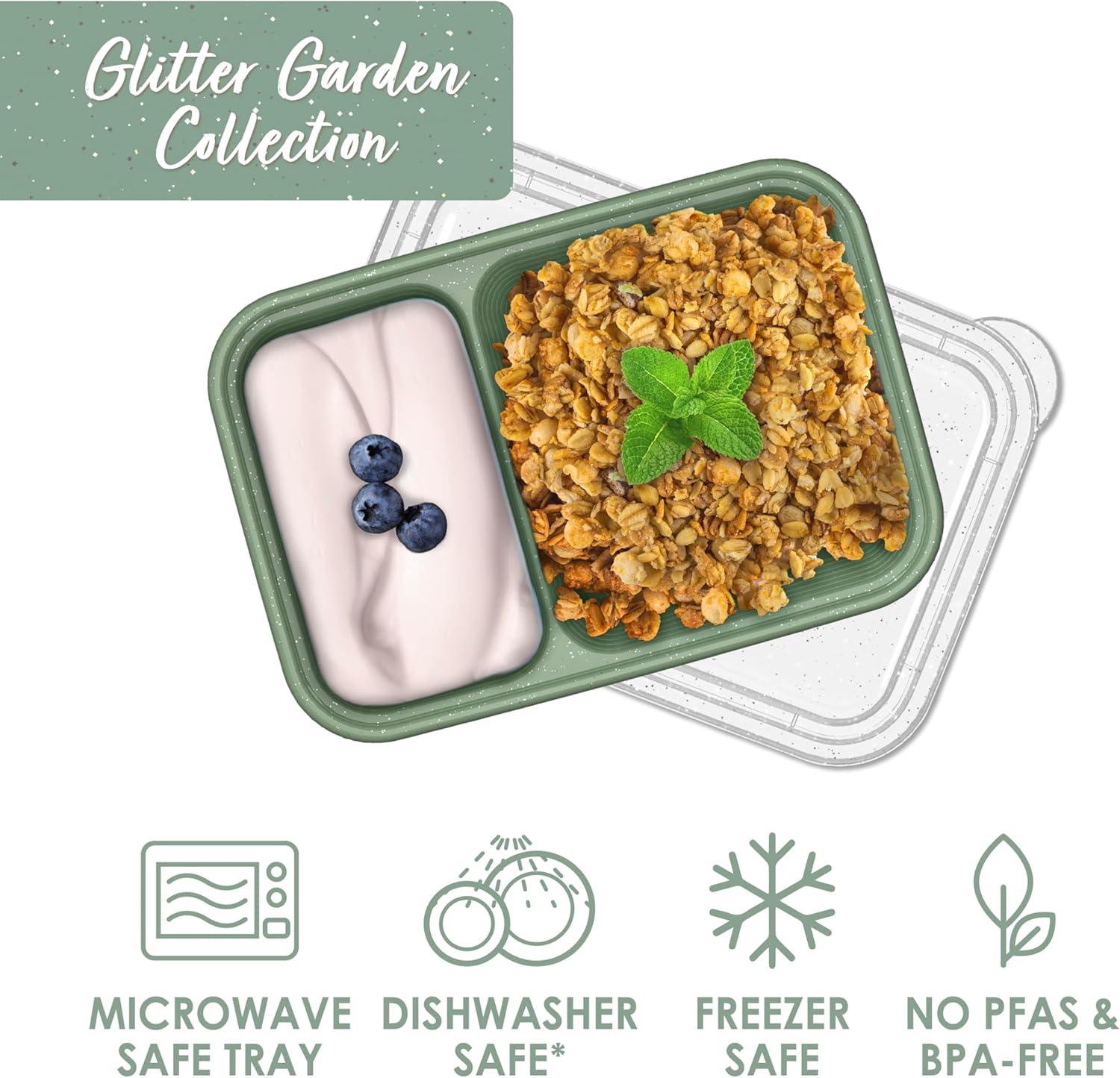 imageBentgo Prep  2Compartment Snack Containers with Lids  Reusable Microwaveable Durable PFAS ampamp BPAFree Freezer and DishwasherSafe Meal Prep Food Storage  10 Trays ampamp 10 Lids ClayBasil Glitter