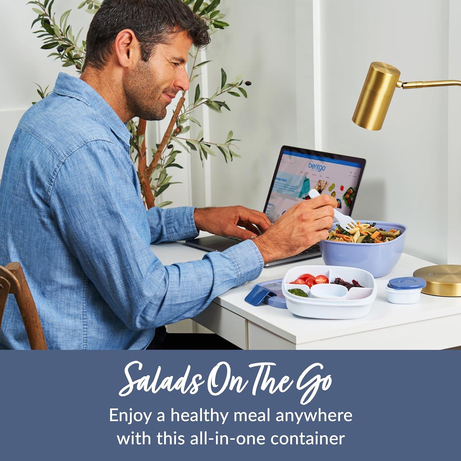 imageBentgo Salad Container  54 oz Bowl with 4Compartment Toppings Tray LeakProof Dressing Container Reusable Fork BPAFree Lunch Box for Meal Prep ampamp Food Storage Removable Bento Tray Coastal AquaSlate