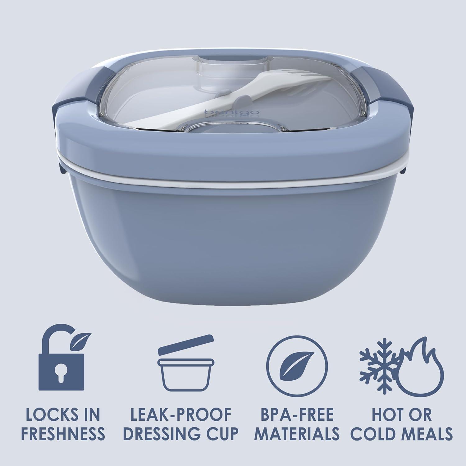 imageBentgo Salad Container  54 oz Bowl with 4Compartment Toppings Tray LeakProof Dressing Container Reusable Fork BPAFree Lunch Box for Meal Prep ampamp Food Storage Removable Bento Tray Coastal AquaSlate