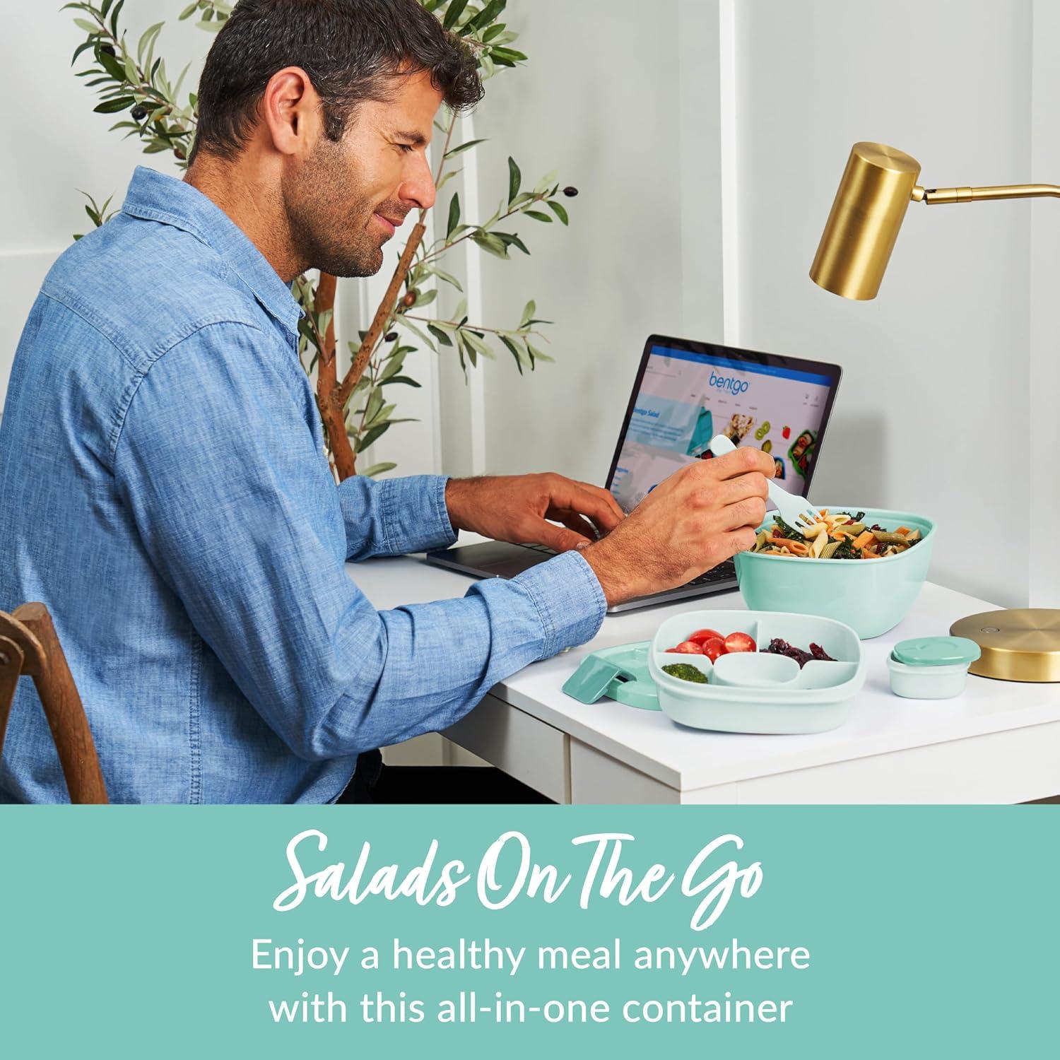 imageBentgo Salad Container  54 oz Bowl with 4Compartment Toppings Tray LeakProof Dressing Container Reusable Fork BPAFree Lunch Box for Meal Prep ampamp Food Storage Removable Bento Tray Coastal AquaCoastal Aqua