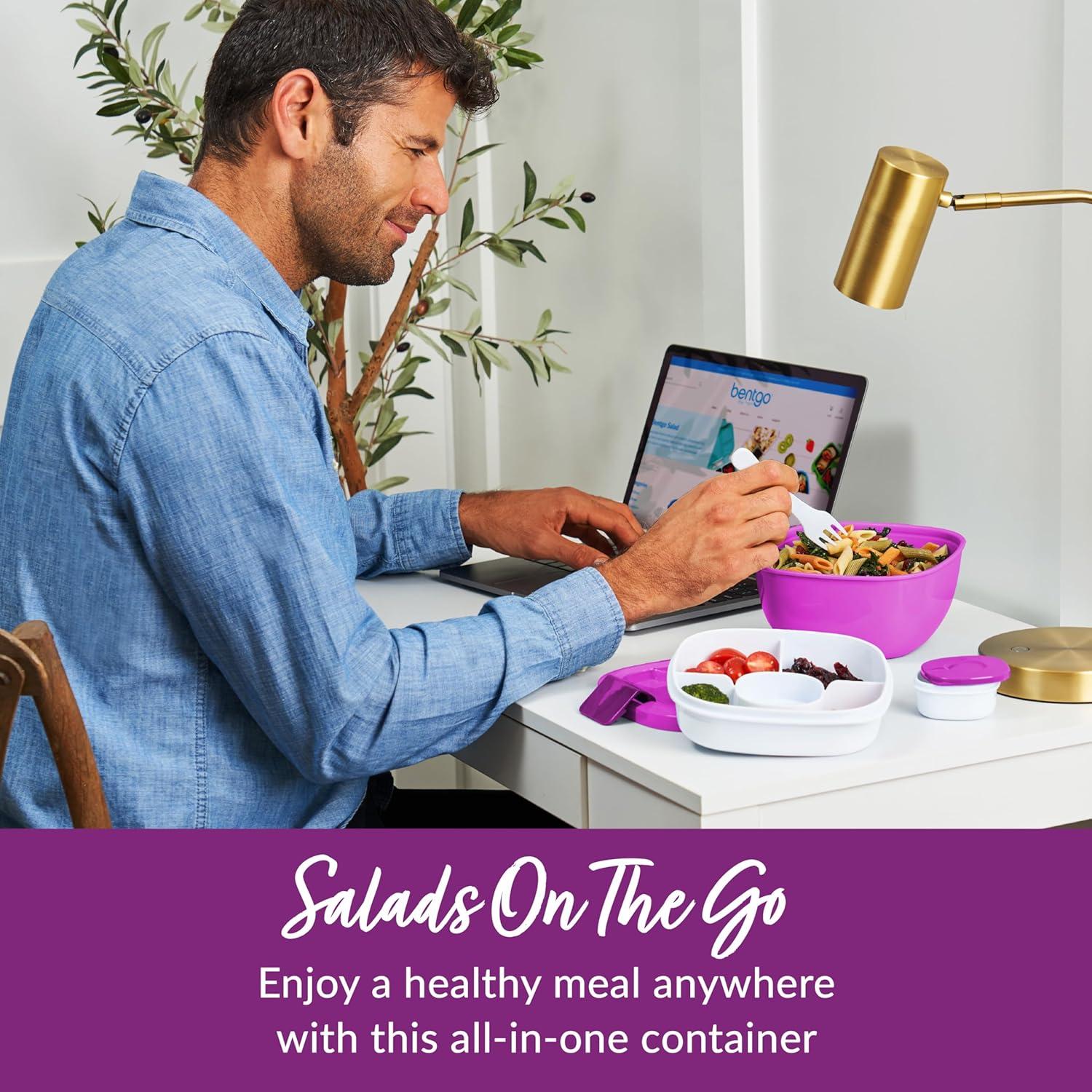 imageBentgo Salad Container  54 oz Bowl with 4Compartment Toppings Tray LeakProof Dressing Container Reusable Fork BPAFree Lunch Box for Meal Prep ampamp Food Storage Removable Bento Tray Coastal AquaPurple