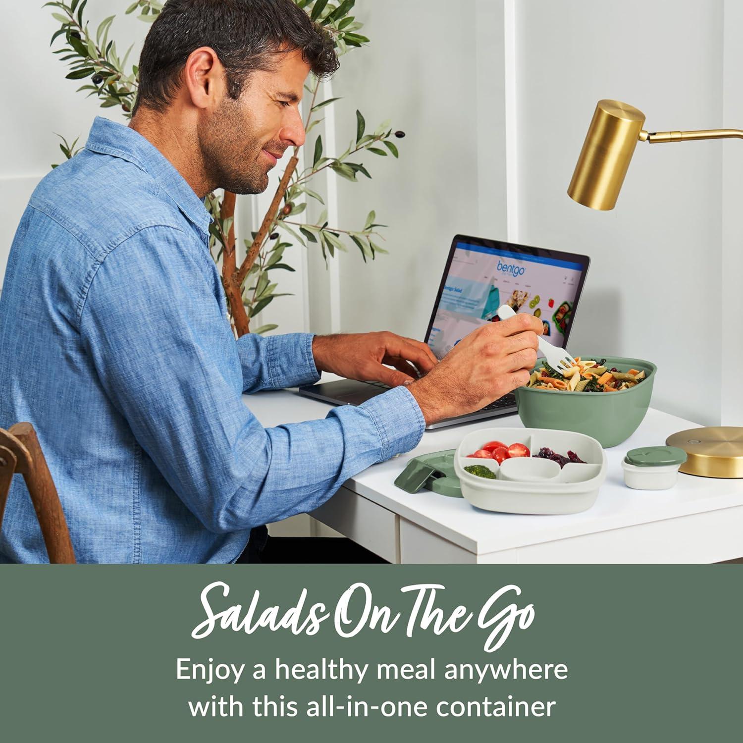 imageBentgo Salad Container  54 oz Bowl with 4Compartment Toppings Tray LeakProof Dressing Container Reusable Fork BPAFree Lunch Box for Meal Prep ampamp Food Storage Removable Bento Tray Coastal AquaKhaki Green