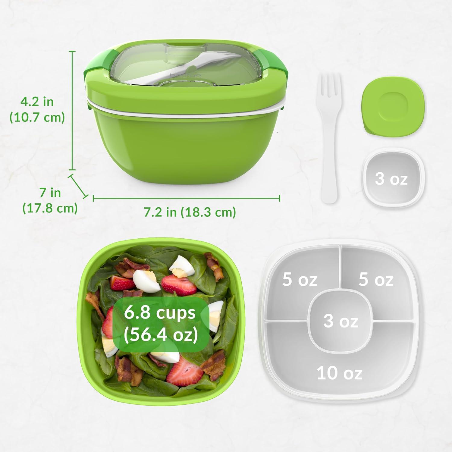 imageBentgo Salad Container  54 oz Bowl with 4Compartment Toppings Tray LeakProof Dressing Container Reusable Fork BPAFree Lunch Box for Meal Prep ampamp Food Storage Removable Bento Tray Coastal AquaGreen