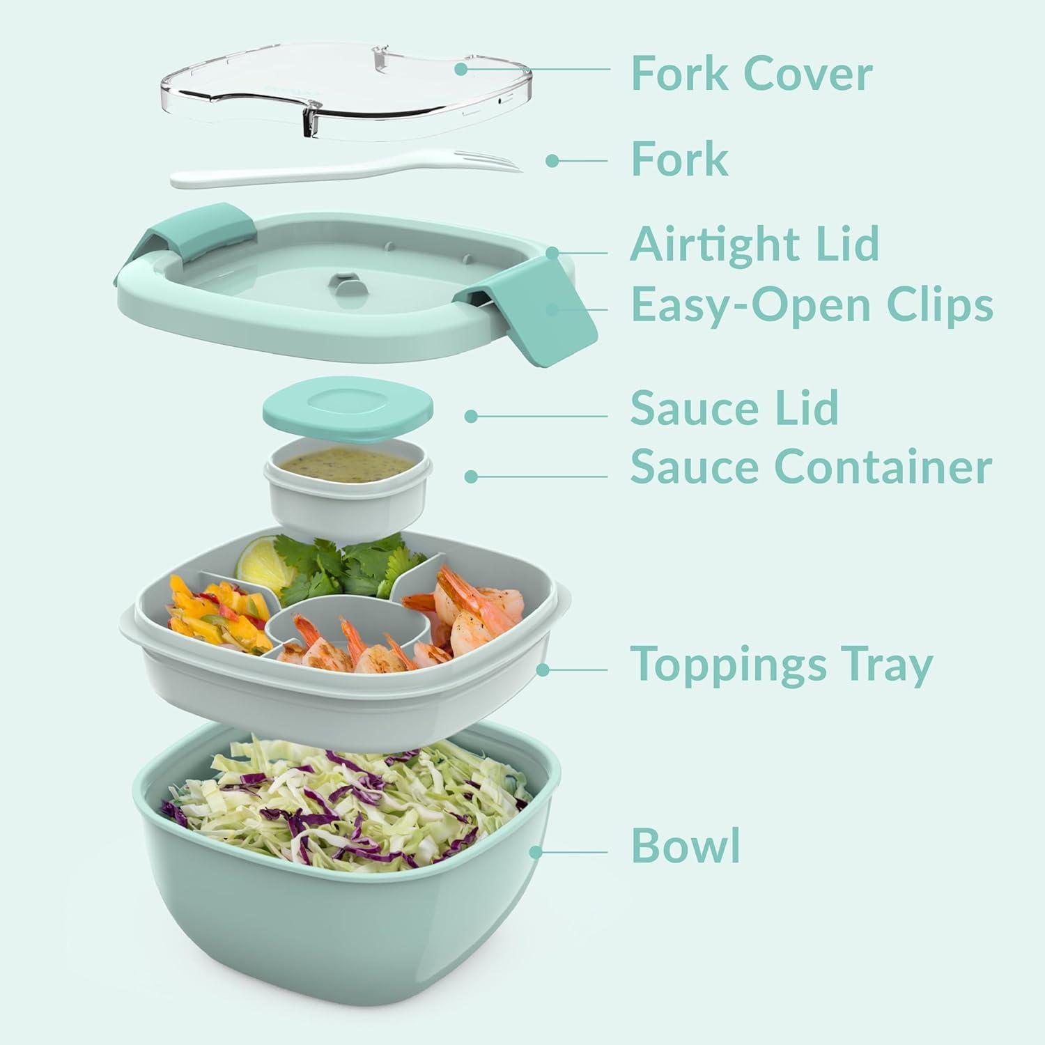 imageBentgo Salad Container  54 oz Bowl with 4Compartment Toppings Tray LeakProof Dressing Container Reusable Fork BPAFree Lunch Box for Meal Prep ampamp Food Storage Removable Bento Tray Coastal AquaCoastal Aqua