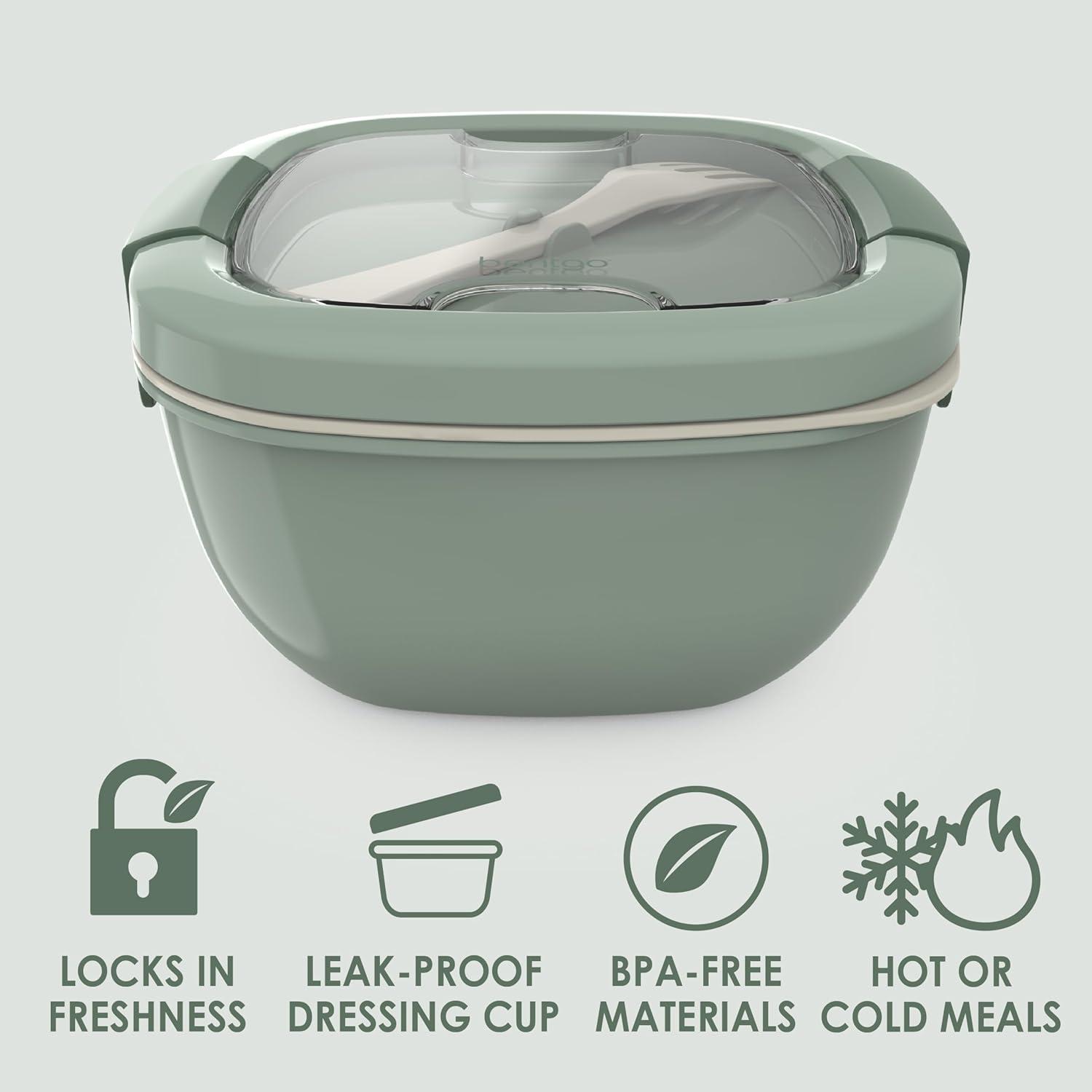 imageBentgo Salad Container  54 oz Bowl with 4Compartment Toppings Tray LeakProof Dressing Container Reusable Fork BPAFree Lunch Box for Meal Prep ampamp Food Storage Removable Bento Tray Coastal AquaKhaki Green