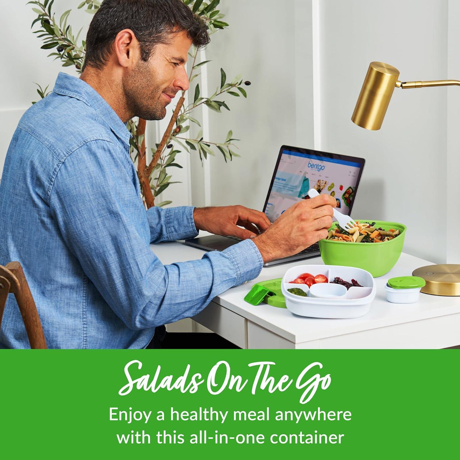 imageBentgo Salad Container  54 oz Bowl with 4Compartment Toppings Tray LeakProof Dressing Container Reusable Fork BPAFree Lunch Box for Meal Prep ampamp Food Storage Removable Bento Tray Coastal AquaGreen