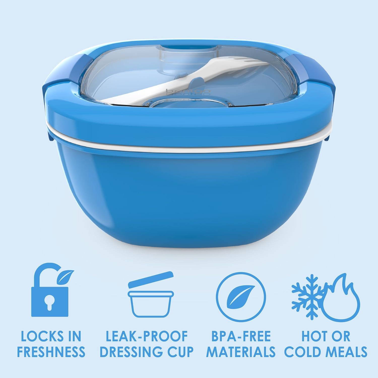 imageBentgo Salad Container  54 oz Bowl with 4Compartment Toppings Tray LeakProof Dressing Container Reusable Fork BPAFree Lunch Box for Meal Prep ampamp Food Storage Removable Bento Tray Coastal AquaBlue