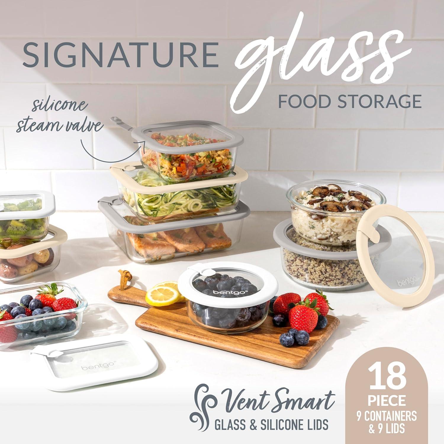 imageBentgo Signature LeakProof Glass Food Storage  18Piece Set 1Compartment PlasticFree Containers with Airtight Glass Lids BPAFree Microwave Freezer Oven ampamp Dishwasher Safe White StoneWhite Stone