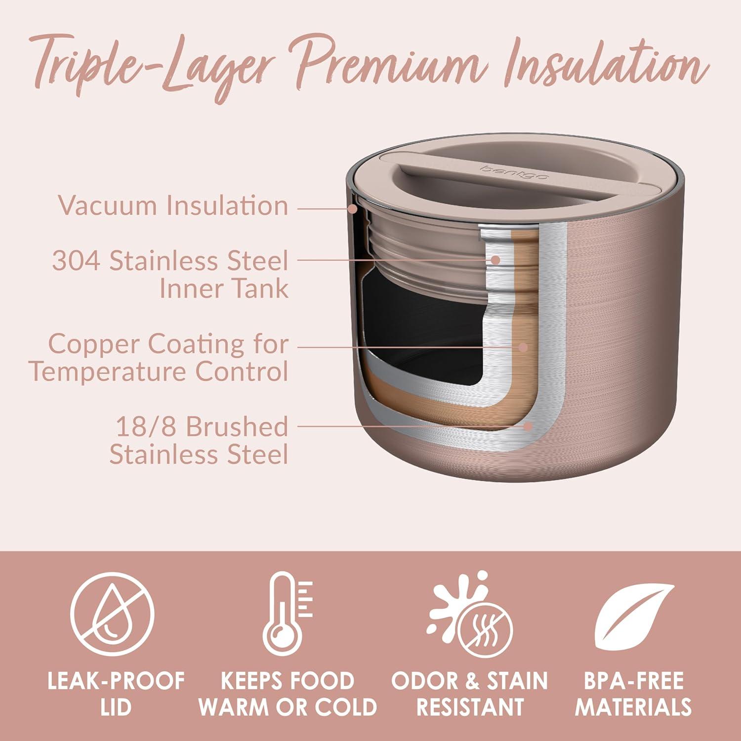 imageBentgo Stainless Insulated Food Container  24 Cups 19 oz TripleLayer Insulation Vacuum Seal LeakProof BuiltIn Handle Wide Opening Premium Stainless Steel for CoolWarm Foods AquaRose Gold