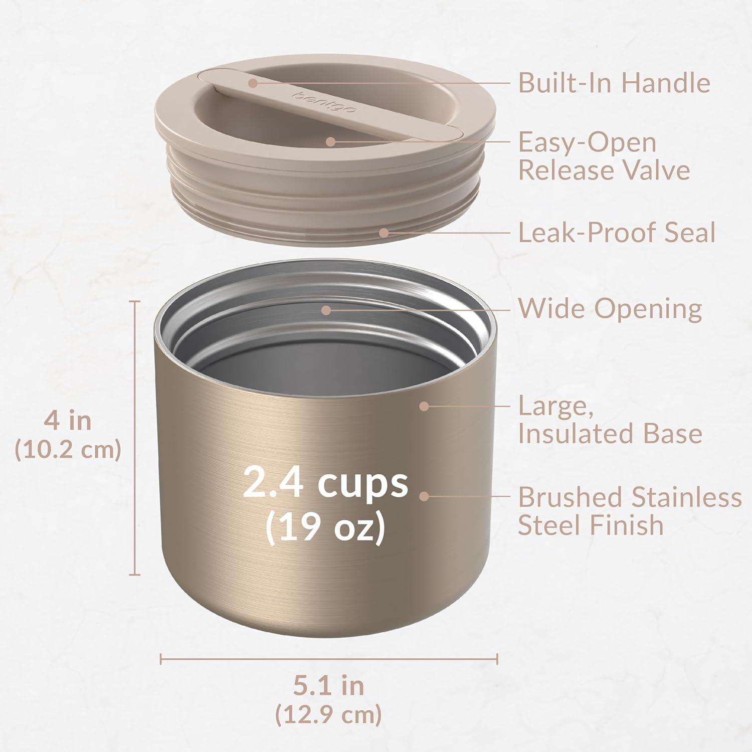 imageBentgo Stainless Insulated Food Container  24 Cups 19 oz TripleLayer Insulation Vacuum Seal LeakProof BuiltIn Handle Wide Opening Premium Stainless Steel for CoolWarm Foods AquaGold