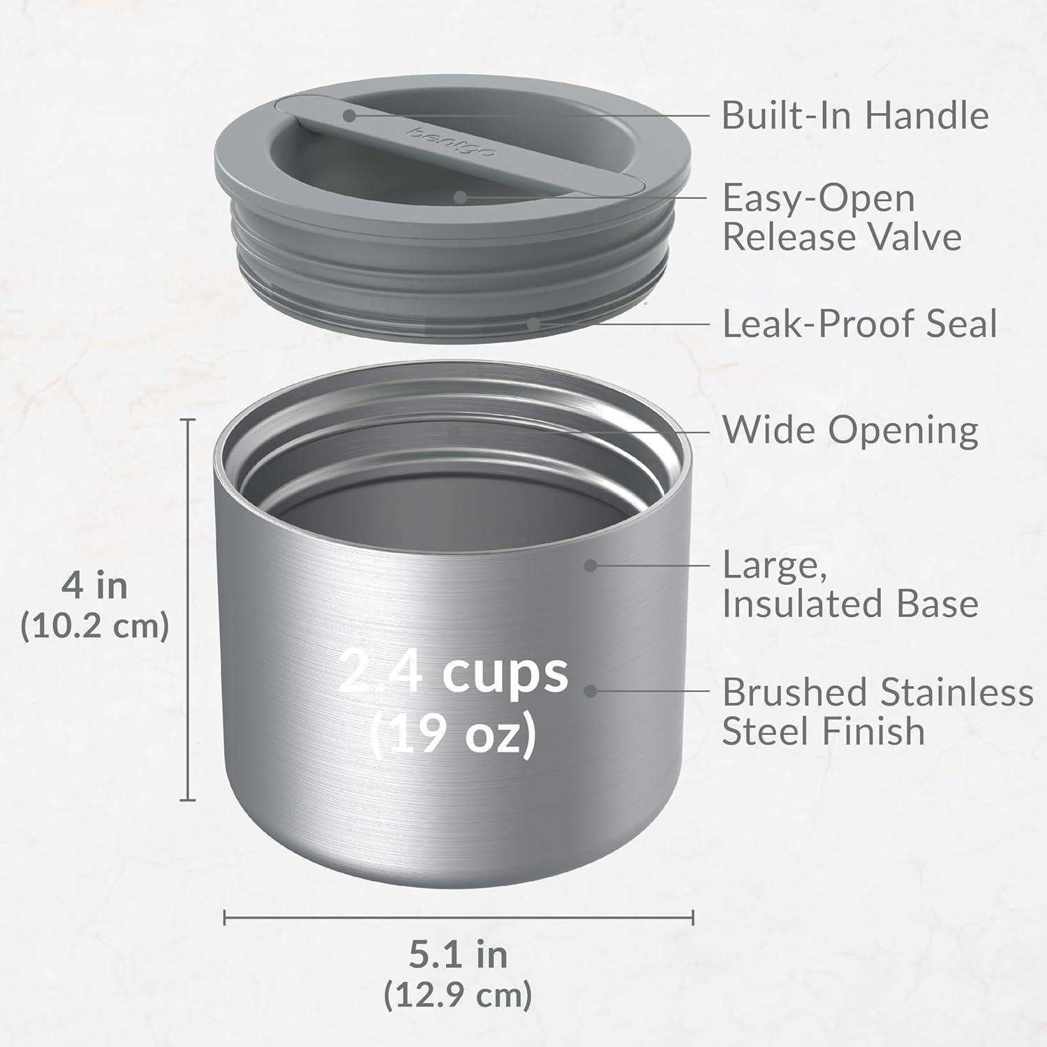 imageBentgo Stainless Insulated Food Container  24 Cups 19 oz TripleLayer Insulation Vacuum Seal LeakProof BuiltIn Handle Wide Opening Premium Stainless Steel for CoolWarm Foods AquaStainless Steel Silver