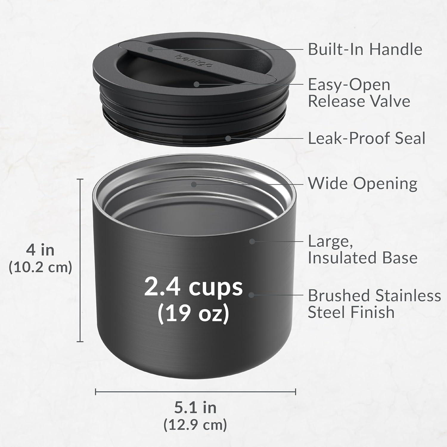 imageBentgo Stainless Insulated Food Container  24 Cups 19 oz TripleLayer Insulation Vacuum Seal LeakProof BuiltIn Handle Wide Opening Premium Stainless Steel for CoolWarm Foods AquaBlack