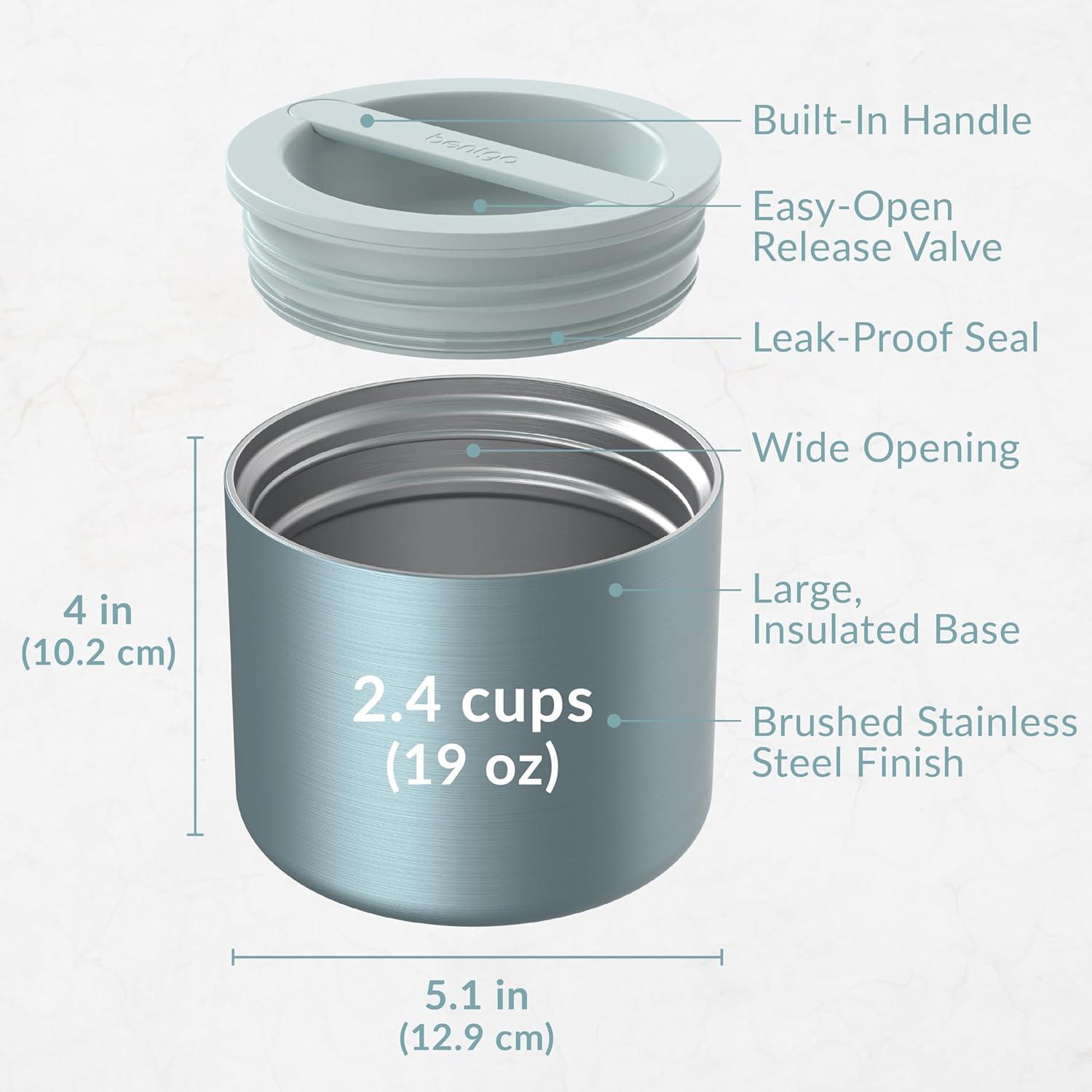 imageBentgo Stainless Insulated Food Container  24 Cups 19 oz TripleLayer Insulation Vacuum Seal LeakProof BuiltIn Handle Wide Opening Premium Stainless Steel for CoolWarm Foods AquaAqua