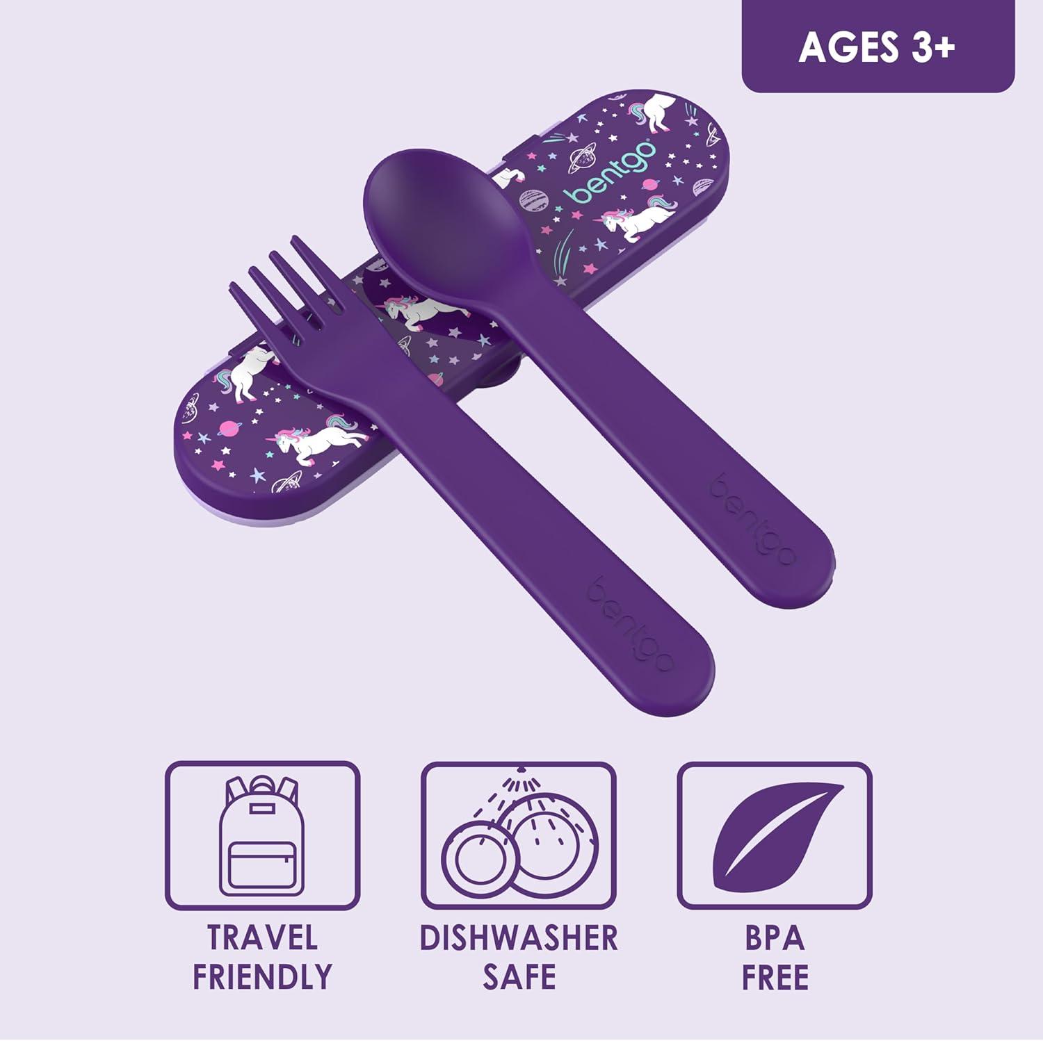 imageBentgo Kids Utensil Set  Reusable Plastic Fork Spoon ampamp Storage Case  BPAFree Materials EasyGrip Handles Dishwasher Safe  Ideal for School Lunch Travel ampamp Outdoors BlueUnicorn