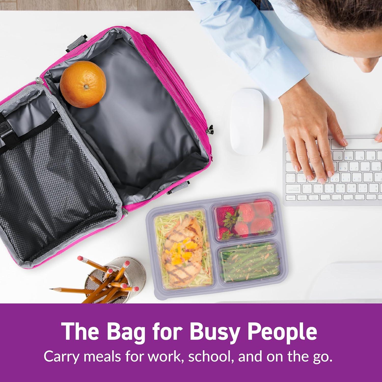 imageBentgo Deluxe Lunch Bag  Durable and Insulated Lunch Tote with Zippered Outer Pocket Internal Mesh Pocket Padded ampamp Adjustable Straps ampamp 2Way Zippers  Fits Most Lunch Boxes Carbon BlackPurple