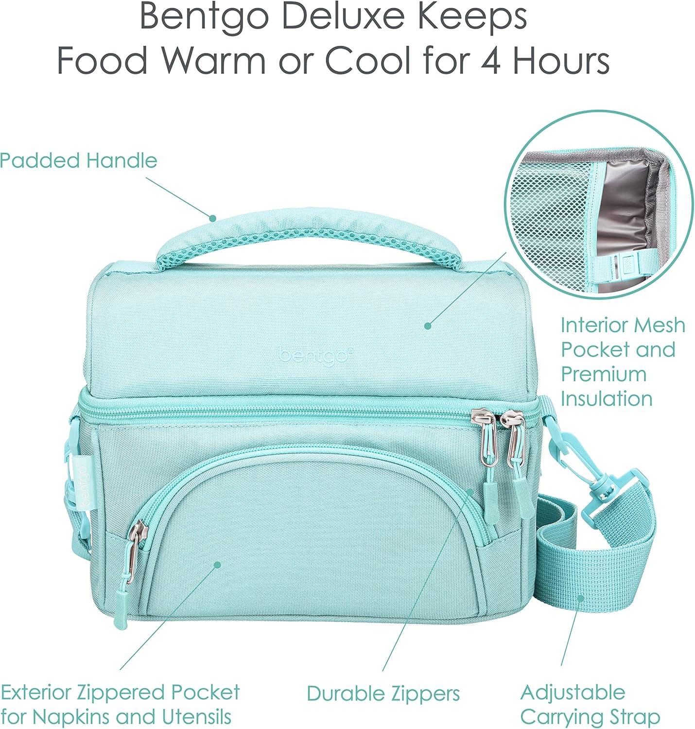 imageBentgo Deluxe Lunch Bag  Durable and Insulated Lunch Tote with Zippered Outer Pocket Internal Mesh Pocket Padded ampamp Adjustable Straps ampamp 2Way Zippers  Fits Most Lunch Boxes Carbon BlackCoastal Aqua