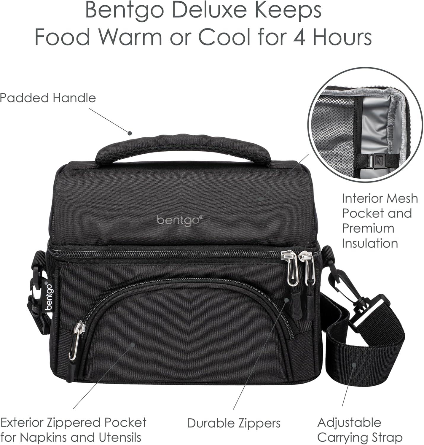 imageBentgo Deluxe Lunch Bag  Durable and Insulated Lunch Tote with Zippered Outer Pocket Internal Mesh Pocket Padded ampamp Adjustable Straps ampamp 2Way Zippers  Fits Most Lunch Boxes Carbon BlackCarbon Black