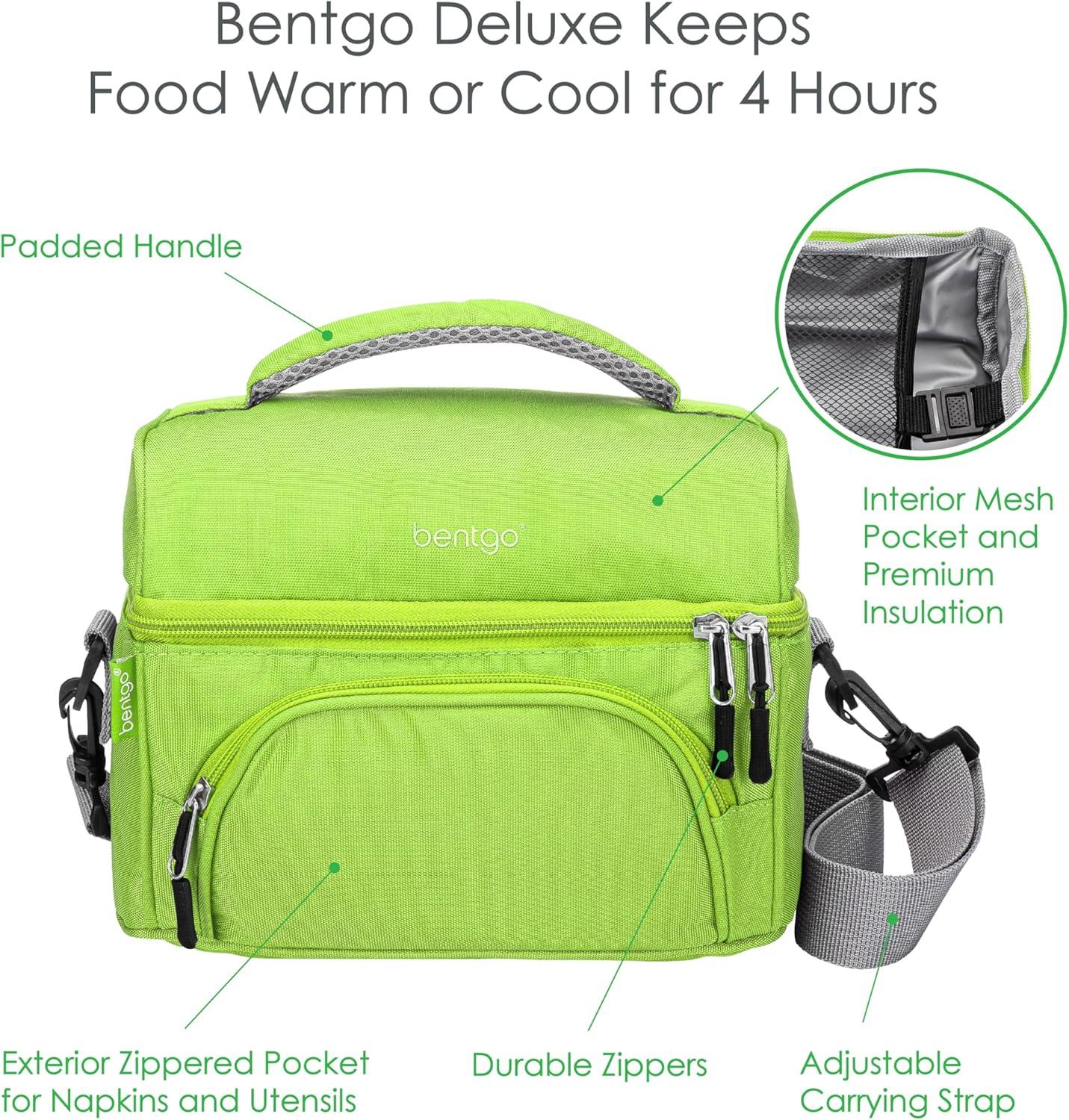 imageBentgo Deluxe Lunch Bag  Durable and Insulated Lunch Tote with Zippered Outer Pocket Internal Mesh Pocket Padded ampamp Adjustable Straps ampamp 2Way Zippers  Fits Most Lunch Boxes Carbon BlackGreen