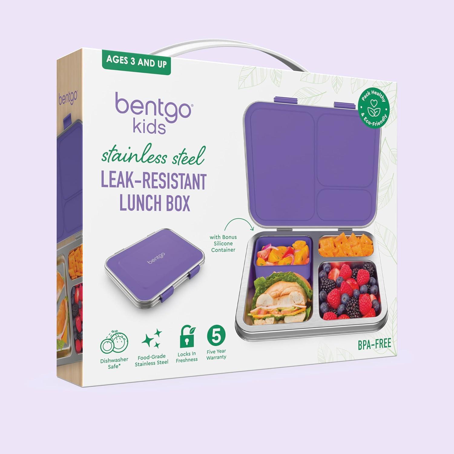 imageBentgo Kids Stainless Steel LeakResistant Lunch Box  3Compartments with Bonus Silicone Container Durable EcoFriendly Dishwasher Safe BPAFree Ideal for School Ages 3 FuchsiaPurple