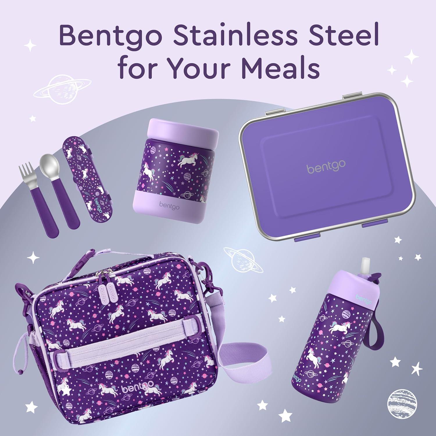 imageBentgo Kids Stainless Steel LeakResistant Lunch Box  3Compartments with Bonus Silicone Container Durable EcoFriendly Dishwasher Safe BPAFree Ideal for School Ages 3 FuchsiaPurple