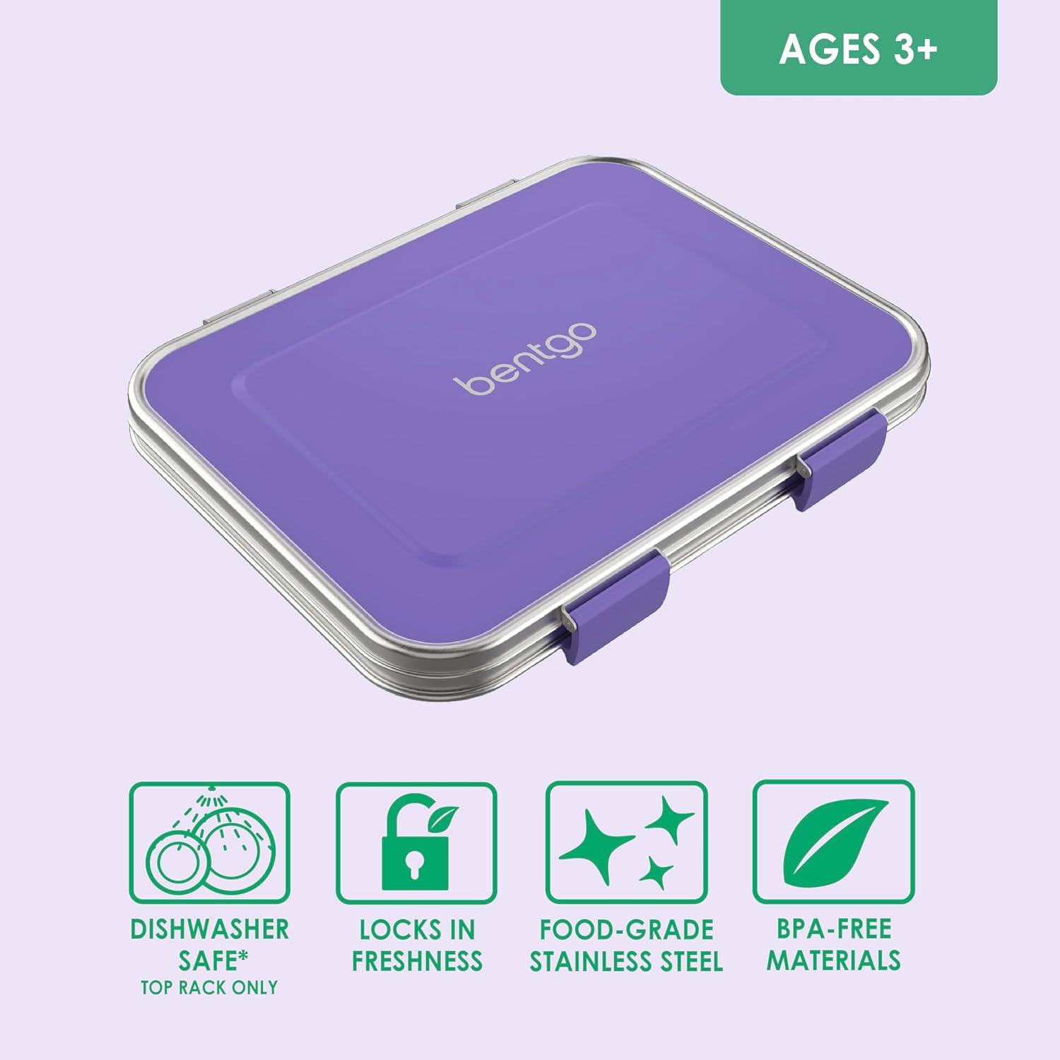 imageBentgo Kids Stainless Steel LeakResistant Lunch Box  3Compartments with Bonus Silicone Container Durable EcoFriendly Dishwasher Safe BPAFree Ideal for School Ages 3 FuchsiaPurple