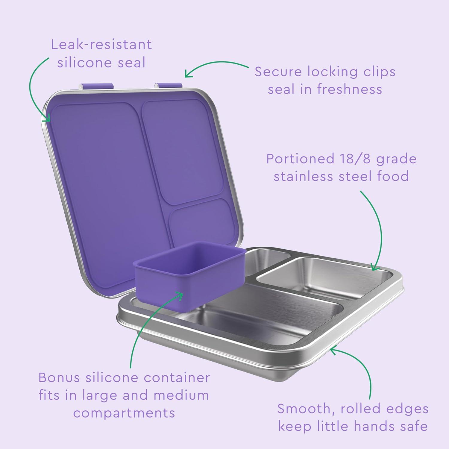 imageBentgo Kids Stainless Steel LeakResistant Lunch Box  3Compartments with Bonus Silicone Container Durable EcoFriendly Dishwasher Safe BPAFree Ideal for School Ages 3 FuchsiaPurple