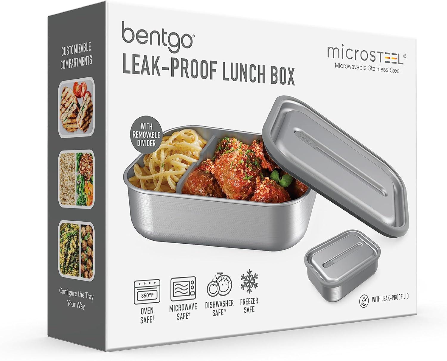 imageBentgo MicroSteel LeakProof Lunch Box  MicrowaveSafe OvenSafe BentoStyle Container with Removable Divider Airtight Lid Sustainable Design Odor ampamp Stain Resistant AquaStainless Steel