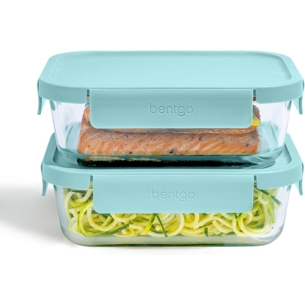 imageBentgo Glass LeakProof Food Storage Set  4Piece Glass Containers with BPAFree Airtight Lids Reusable ampamp Durable for Leftovers ampamp Meal Prep  Microwave Freezer Oven ampamp Dishwasher Safe Soft Aqua4Piece Set Soft Aqua