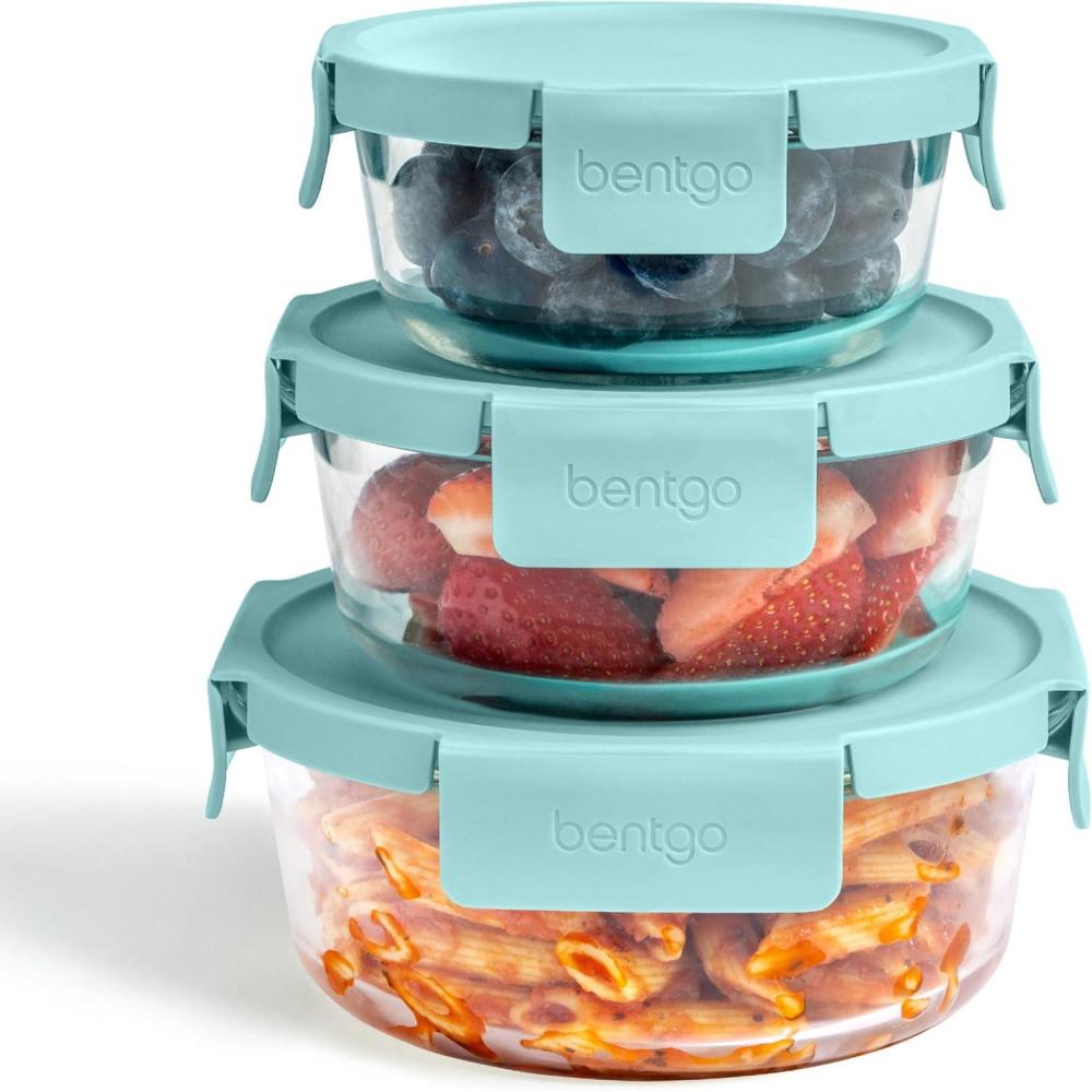 imageBentgo Glass LeakProof Food Storage Set  4Piece Glass Containers with BPAFree Airtight Lids Reusable ampamp Durable for Leftovers ampamp Meal Prep  Microwave Freezer Oven ampamp Dishwasher Safe Soft Aqua6Piece Set Soft Aqua