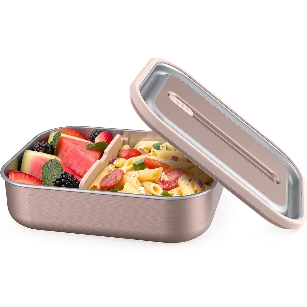 imageBentgo MicroSteel LeakProof Lunch Box  MicrowaveSafe OvenSafe BentoStyle Container with Removable Divider Airtight Lid Sustainable Design Odor ampamp Stain Resistant AquaRose Gold