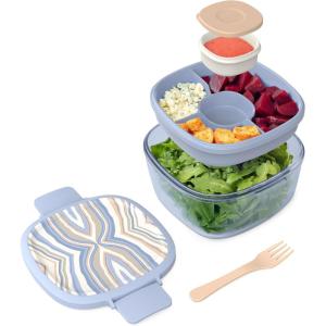 imageBentgo Glass Prints AllinOne Salad Container  61oz Tinted Glass Salad Bowl with Lid BentoStyle Tray Sauce Container ampamp Reusable Fork  Dishwasher ampamp Microwave Safe Wildly Chic  Soft Blue