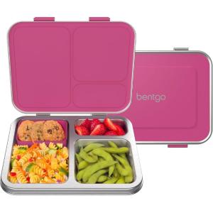 imageBentgo Kids Stainless Steel LeakResistant Lunch Box  3Compartments with Bonus Silicone Container Durable EcoFriendly Dishwasher Safe BPAFree Ideal for School Ages 3 FuchsiaFuchsia
