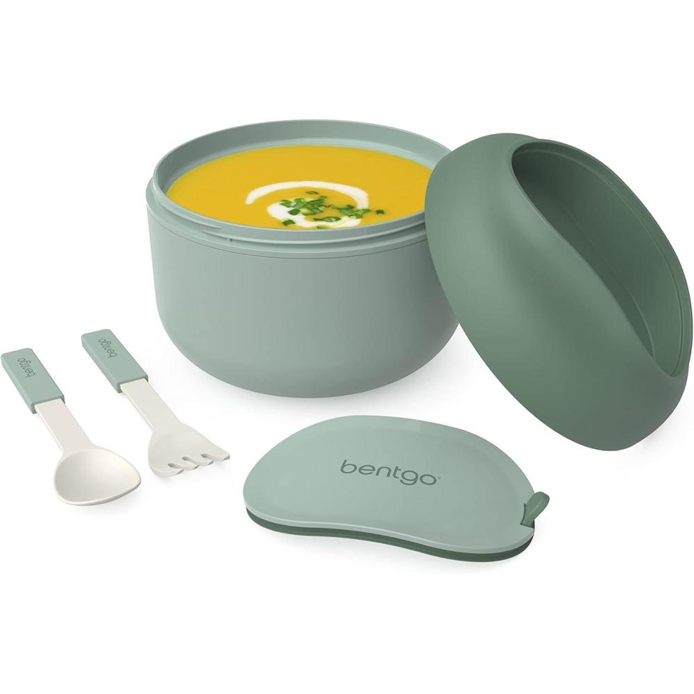 imageBentgo Bowl  Insulated LeakResistant Bowl with Snack Compartment Collapsible Utensils and Improved EasyGrip Design for OntheGo  Holds Soup Rice Cereal ampamp More  BPAFree 212 oz BlushKhaki Green
