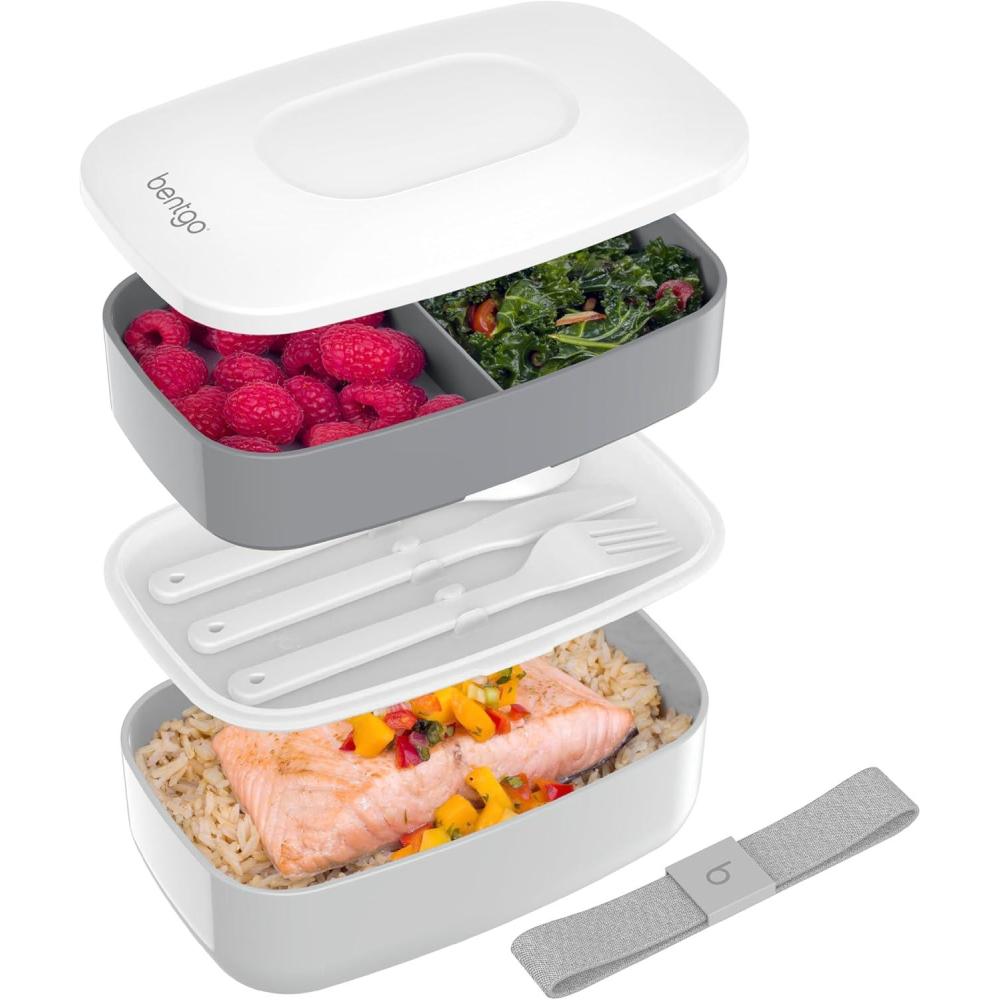 imageBentgo Classic  Adult Bento Box Stackable 3Compartment Lunch Box with Removable Utensil Set and Sealing Strap BPAFree Food Container Ideal for Meal Prep Work and On the Go BlueGray