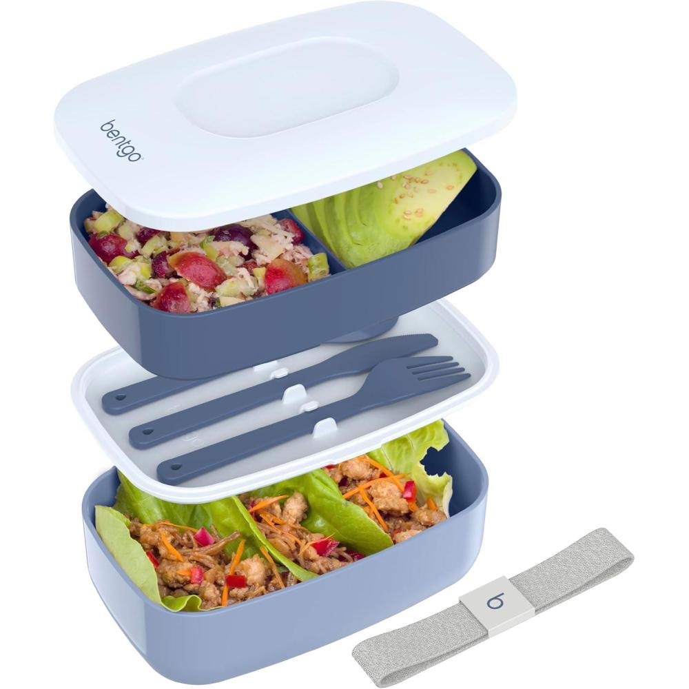imageBentgo Classic  Adult Bento Box Stackable 3Compartment Lunch Box with Removable Utensil Set and Sealing Strap BPAFree Food Container Ideal for Meal Prep Work and On the Go BlueSlate