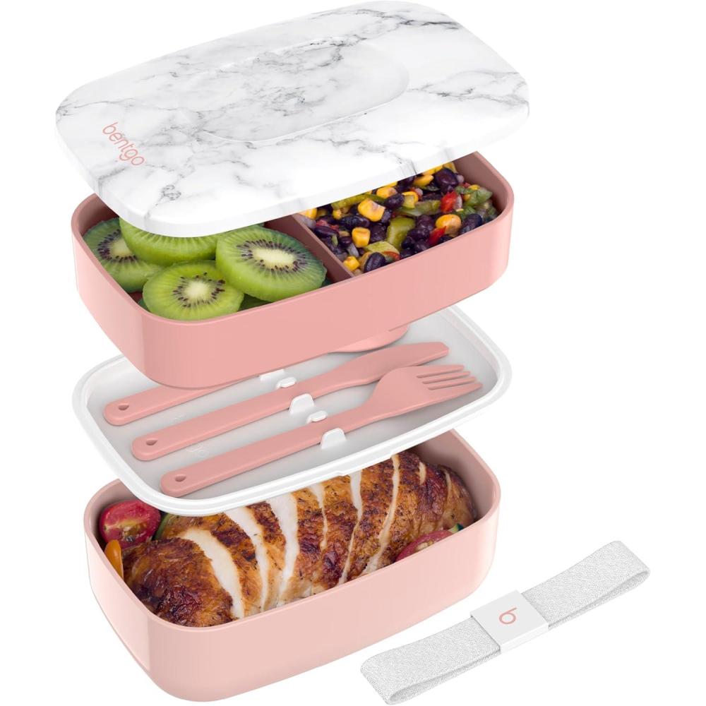 imageBentgo Classic  Adult Bento Box Stackable 3Compartment Lunch Box with Removable Utensil Set and Sealing Strap BPAFree Food Container Ideal for Meal Prep Work and On the Go BlueBlush Marble