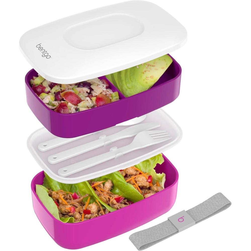 imageBentgo Classic  Adult Bento Box Stackable 3Compartment Lunch Box with Removable Utensil Set and Sealing Strap BPAFree Food Container Ideal for Meal Prep Work and On the Go BluePurple
